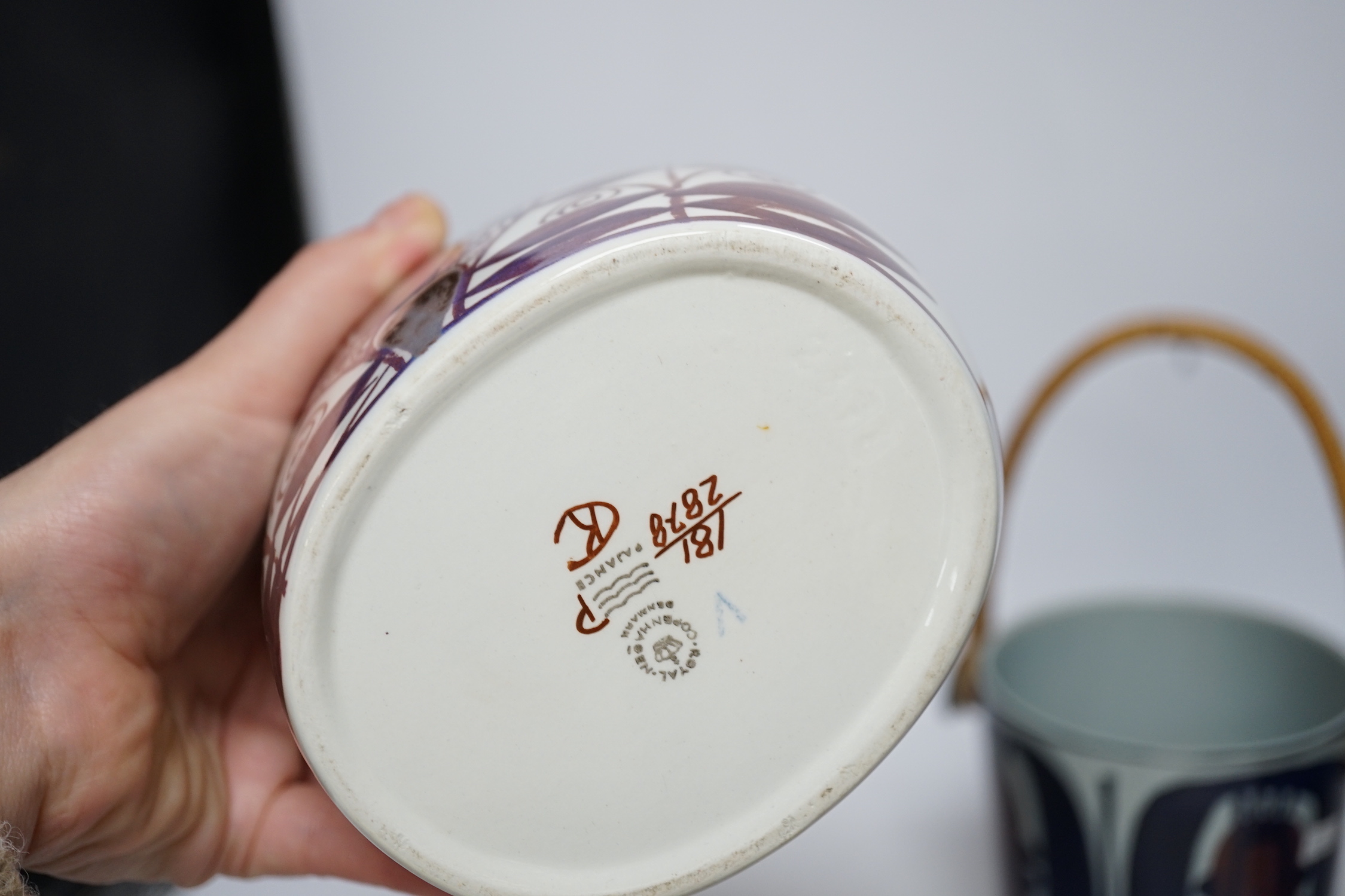 Royal Copenhagen fajance and Alumina wares - a salt pot with wooden cover, a similar bamboo handled pot and vase, together with a cylindrical vase and similar dish, tallest vase 18cm high